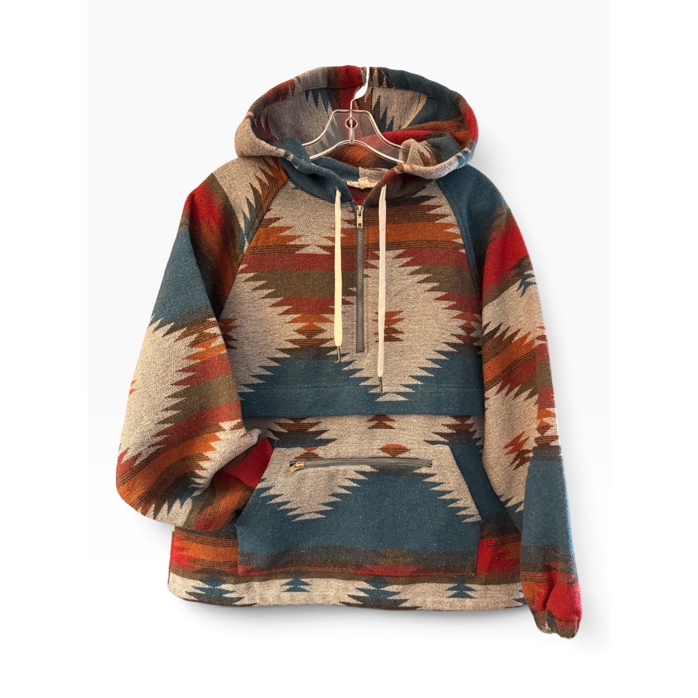 Mainstrip Southwestern Geometric Quarter Zip Hoodie Pullover Blue Rust Small